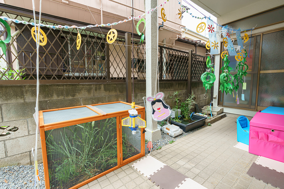 軒先には園側と小さな庭が。日向ぼっこや水遊びもできる。